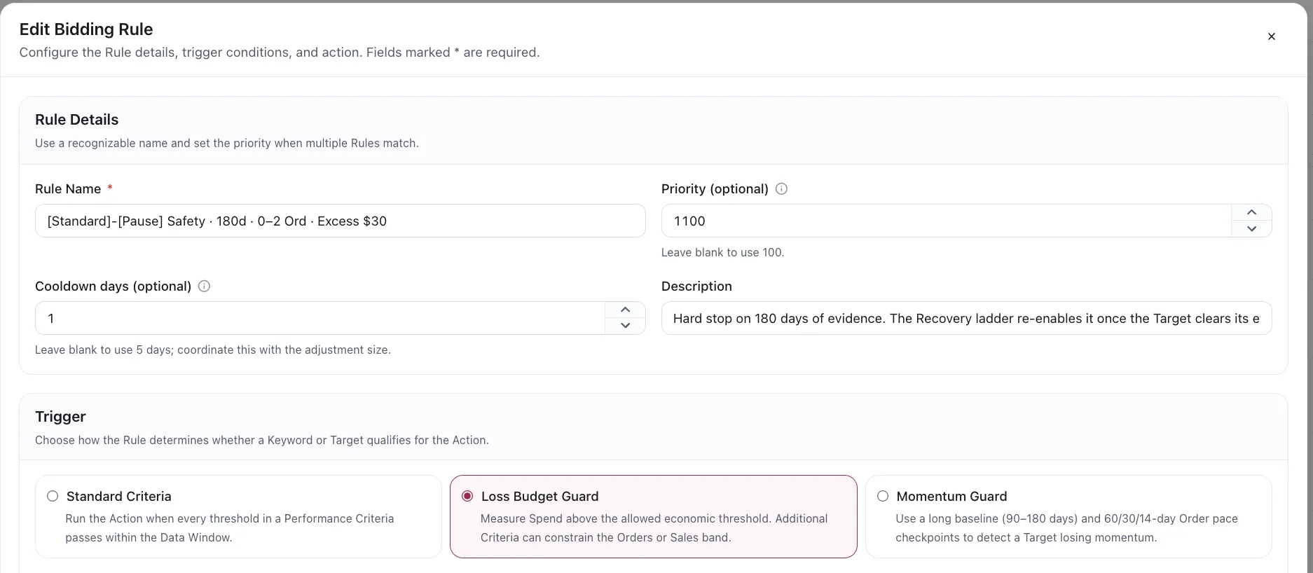 The Edit Bidding Rule dialog in Automation, showing rule name, priority, cooldown days, description, and the three trigger modes: Standard Criteria, Loss Budget Guard, and Momentum Guard.